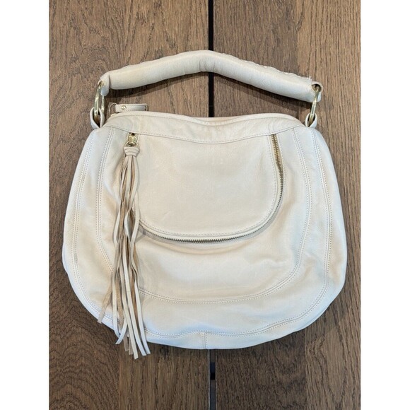 Bulga Cream Leather Tassel Hobo Shoulder Handbag Gold Hardware Zip Pockets - Picture 1 of 16